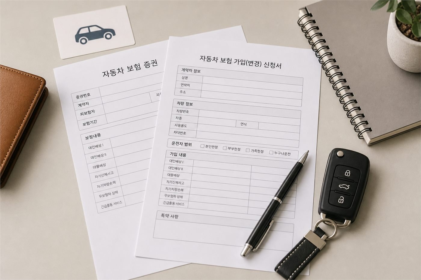 자동차 관련 보험 서류와 차량 키 이미지