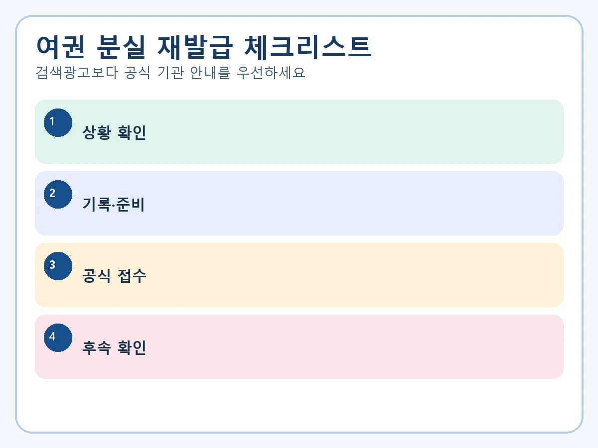 여권 분실 재발급 실행 순서를 네 단계로 정리한 한글 체크리스트