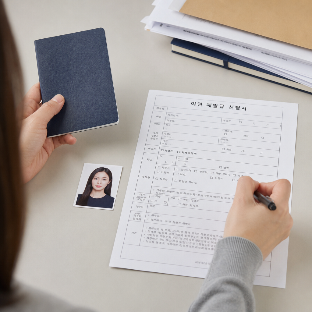 여권 재발급 신청을 위해 사진과 서류를 준비하는 모습