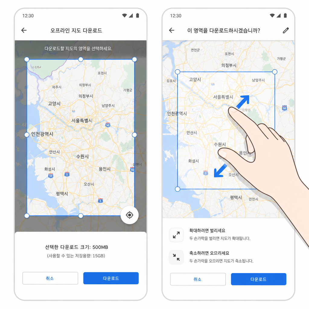 구글 지도 오프라인 지도 다운로드 화면