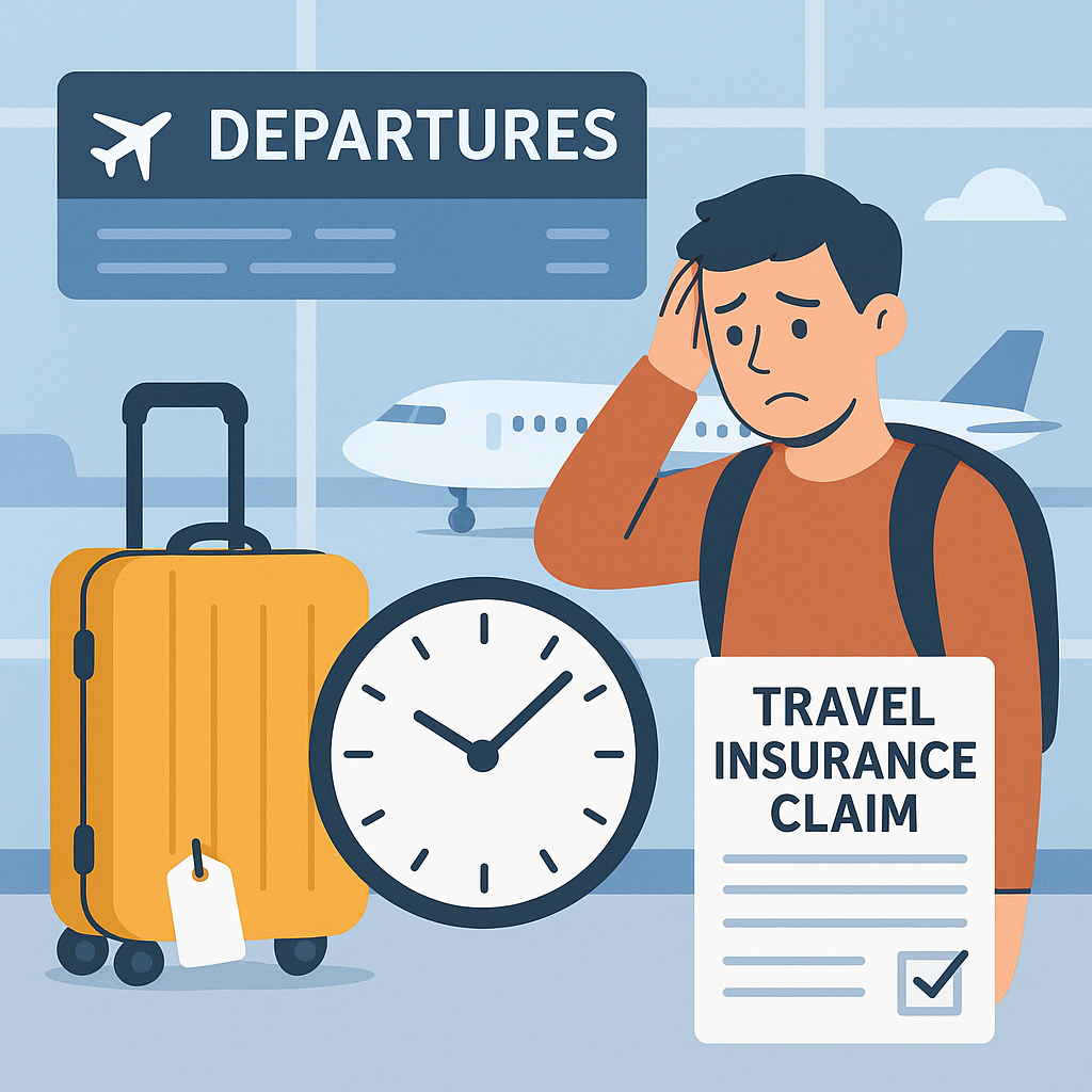 공항 출국장에서 시계를 보며 항공기 지연 안내판을 확인하는 여행자