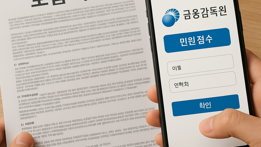 보험 약관과 금감원 민원 접수 화면