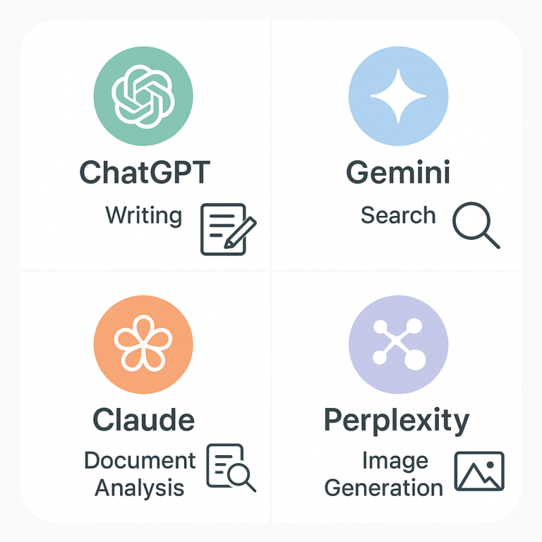 ChatGPT·Gemini·Claude·Perplexity 네 가지 AI 서비스의 업무별 선택 기준 비교 인포그래픽