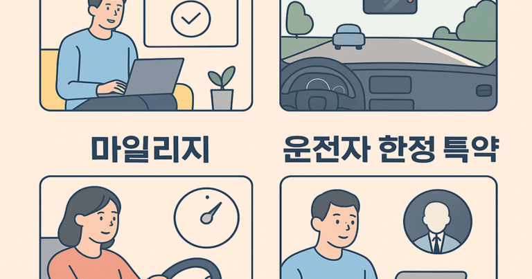 자동차 보험료 할인 방법 인포그래픽: 다이렉트, 블랙박스, 마일리지, 운전자 한정 특약
