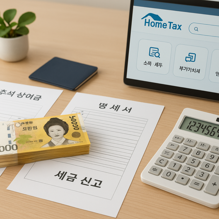 추석 상여금과 세금 신고 개념 이미지