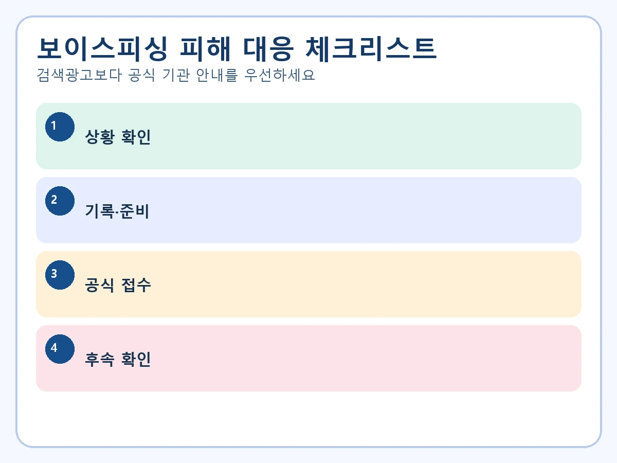 보이스피싱 피해 대응 실행 순서를 네 단계로 정리한 한글 체크리스트