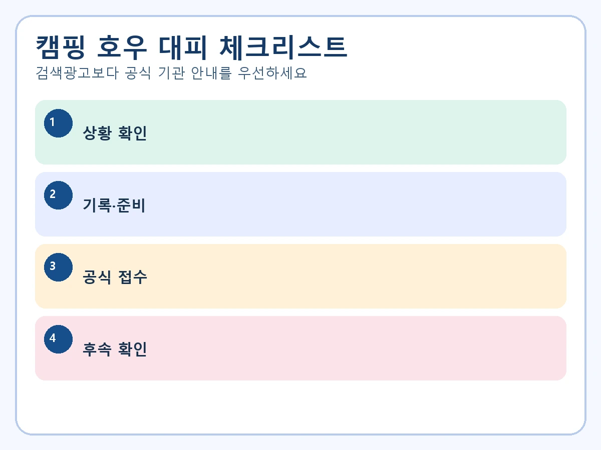 캠핑 호우 대피 실행 순서를 네 단계로 정리한 한글 체크리스트
