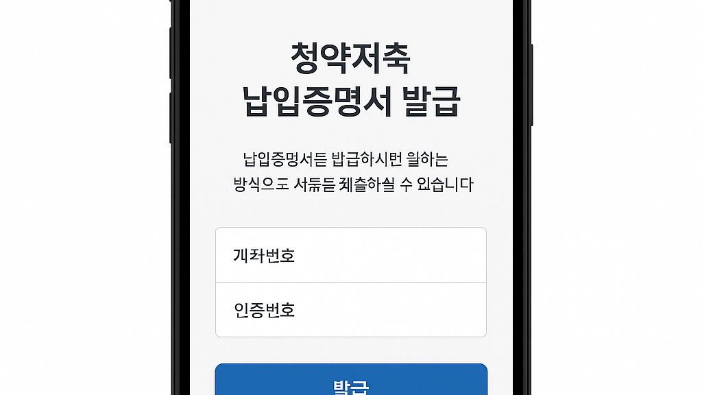 은행 앱에서 청약저축 납입증명서를 발급받는 화면