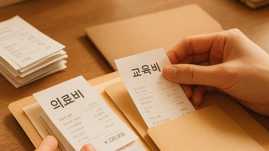의료비 영수증과 교육비 납입증명서를 폴더별로 분류한 사진