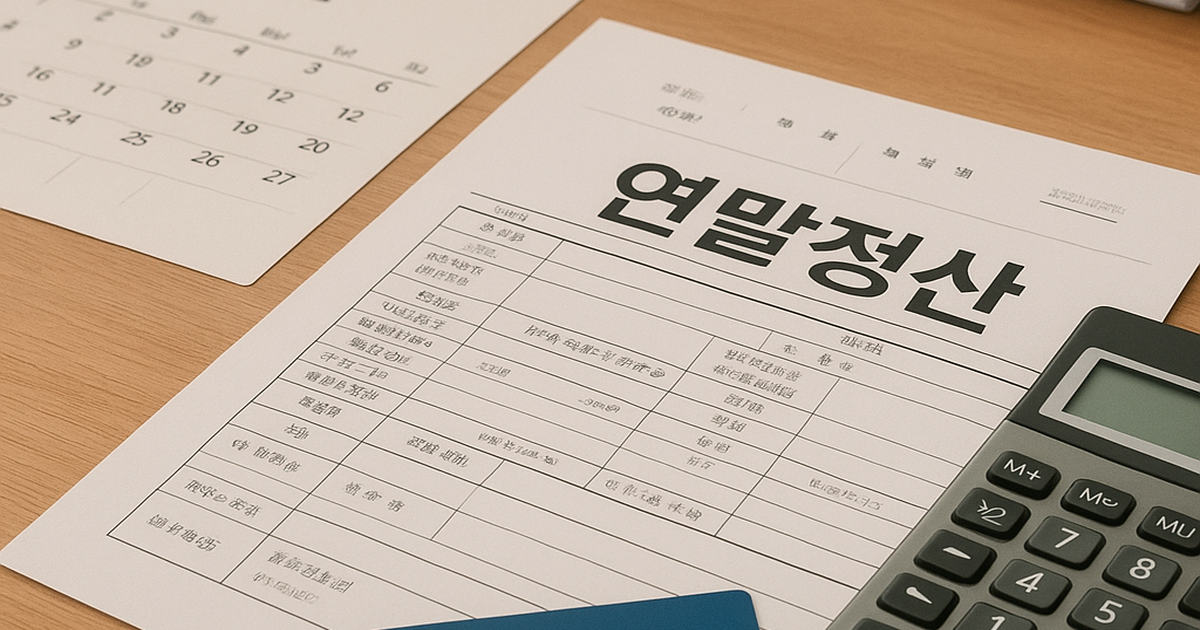 연말정산 서류를 책상 위에 정리한 모습